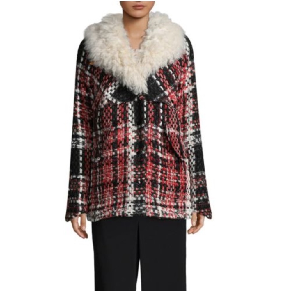 RAG & BONE Antoine Lamb Shearling-Trimmed Red Multi Plaid Jacket size M NWT